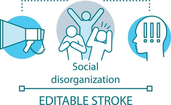Social disorganization, conflicts concept icon. Antisocial, violent behavior idea thin line illustration. Social panic, conflicts and unrest. Vector isolated outline drawing. Editable stroke