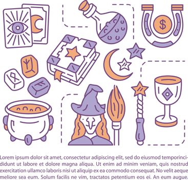 Witchcraft article page vector template. Brochure, magazine, booklet design element with linear icons and text boxes. Witch potion and spellbook. Print design. Concept illustrations with text space