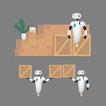 Set of White flying robots with boxes. Delivery and trucking concept. Realistic style. Vector illustration.