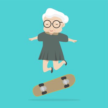 old woman jump with skateboard