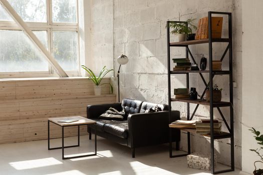 Elegant black sofa in modern living room interior
