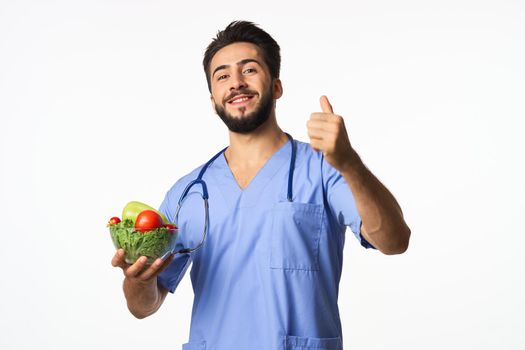 doctor nutritionist vegetables healthy food calories isolated background