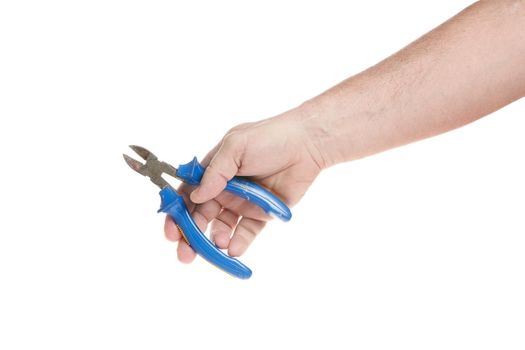 Hand holds side cutters on a white background, a template for designers.