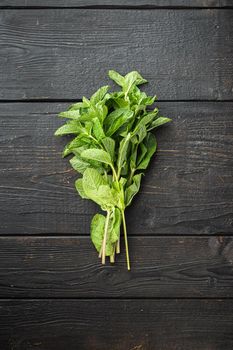 Fresh mint leaves herb, on black wooden table background, top view flat lay
