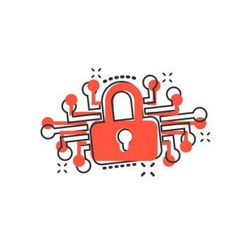 Cyber security icon in comic style. Padlock locked vector cartoon illustration on white isolated background. Closed password business concept splash effect.