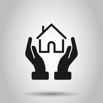 Home care icon in flat style. Hand hold house vector illustration on isolated background. Building quality business concept.