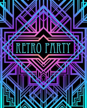 Art Deco vintage pattern in bright neon colors. Retro party geometric background 1920s style. Vector illustration for glamour party, thematic wedding.