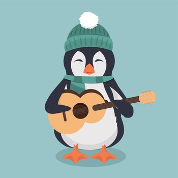 penguin wearing a green hat and scarf with guitar