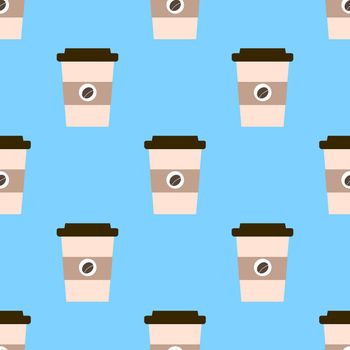 Seamless pattern with cups of coffee to go on a blue background. Cartoon morning coffee tiling pattern.