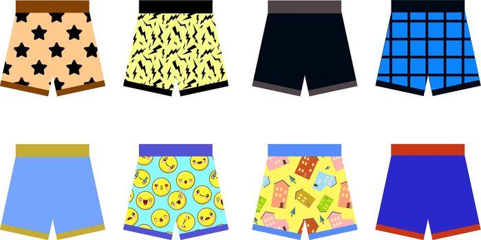 set of colored underpants shorts with a patternon white background. Underwear for men. Flat design Vector