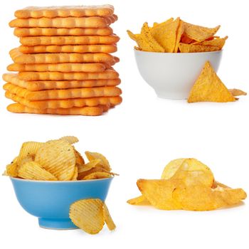 Salty snacks isolated on white background collage