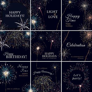 Shiny fireworks template vector for social media post with editable text set compatible with AI