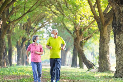 Senior couple wearing face mask and jogging in the park