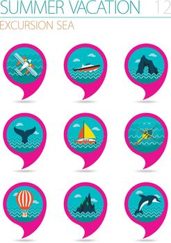 Excursion sea pin map icon set. Summer. Vacation