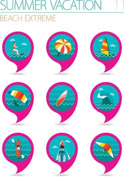 Extreme Water Sport pin map icon set. Vacation