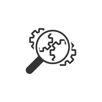 Loupe with gear icon in flat style. Magnifying glass vector illustration on white isolated background. Seo exploration business concept.