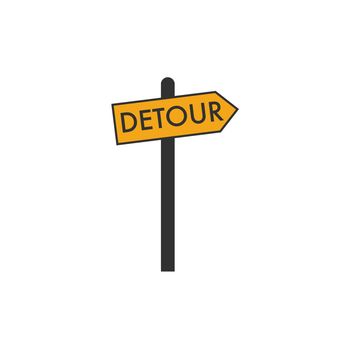 Vector illustration of the Detour right Arrow yellow road sign on black post. Stock Vector illustration isolated on white background.