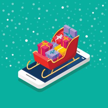 Pile of gift boxes on the smartphone screen isometric