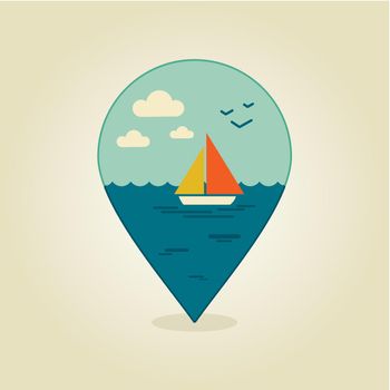 Boat with a Sail pin map icon. Summer, Sun, Sea