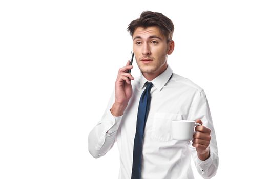 man phone communication success work office isolated background. High quality photo