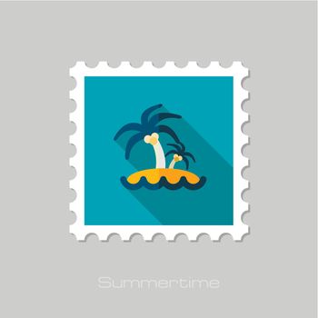 Island with palm trees flat stamp. Vacation