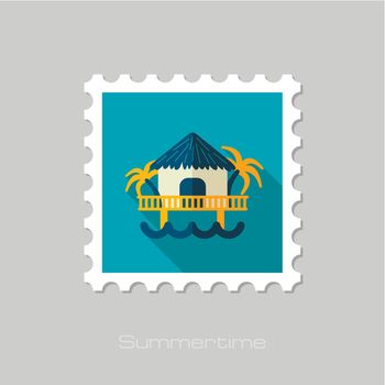 Bungalow with palm trees stamp. Summer. Vacation