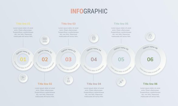 Vintage colors vector infographics timeline design template with rounded elements. Content, schedule, timeline, diagram, workflow, business, infographic, flowchart. 6 steps infographic.