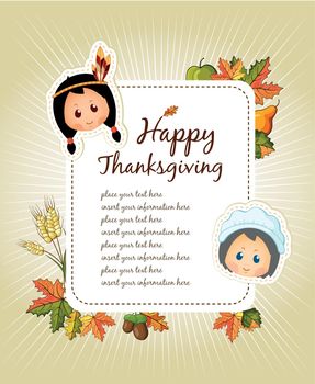 Happy Thanksgiving Day celebration flyer, banner or poster with pumpkins and autumn leaves