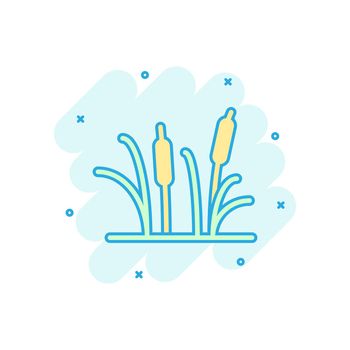 Reeds grass icon in comic style. Bulrush swamp vector cartoon illustration pictogram. Reed leaf business concept splash effect.
