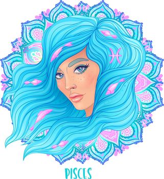 Drawing of Pisces astrological sign as a beautiful girl over ornate mandala pattern. Zodiac vector illustration isolated on white.