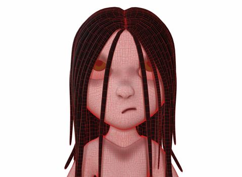 scary cartoon character horror girl with black hair 3d-rendering