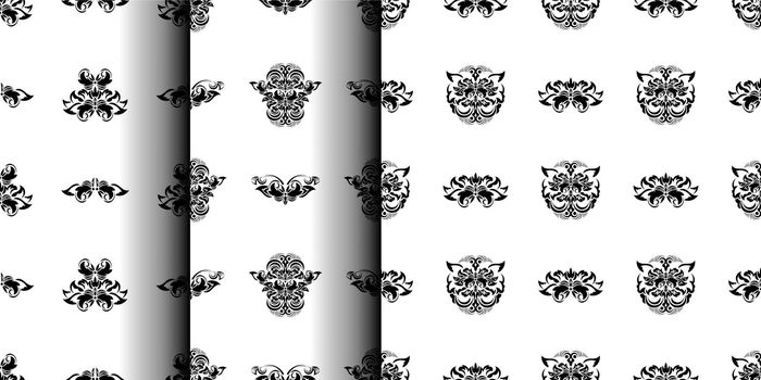 Set of Seamless black and white pattern with flowers and monograms in Simple style. Good for backgrounds and prints. Vector illustration.