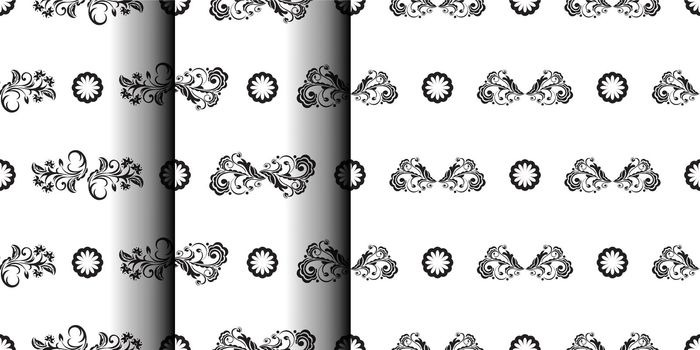 Set of Seamless black and white pattern with flowers and monograms in Simple style. Good for backgrounds and prints. Vector illustration.