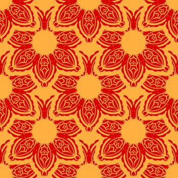 Red and yellow seamless pattern with vintage ornament. Good for clothing, textiles, backgrounds and prints. Vector illustration.