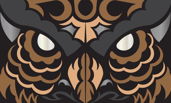 Polynesia and Maori dark luxury banner with owl face. Vector.