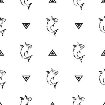 Seamless black and white pattern with sharks. Good for backgrounds and prints. Vector illustration.
