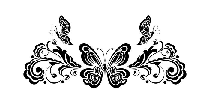 Decorative floral ornament with butterfly, element for design. Good for logos, prints and postcards. Vector illustration