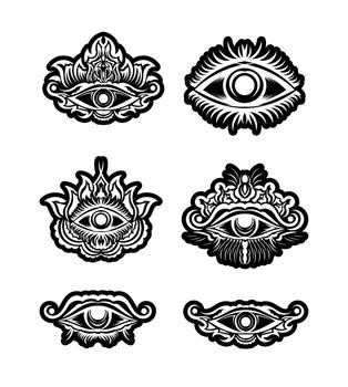 Set of all-seeing eye masonic symbol tattoo. Vision of the emblem of Providence. Vector illustration.