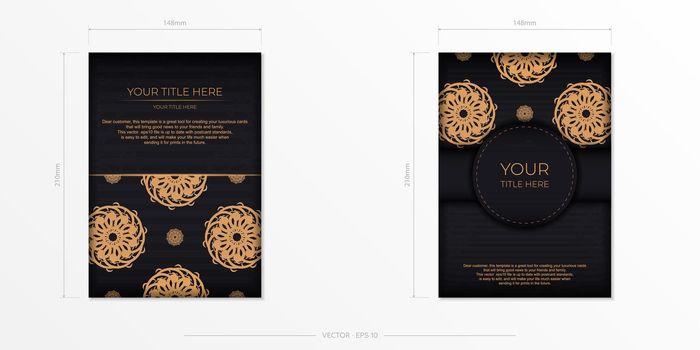 Luxurious black rectangular postcard template with vintage abstract mandala ornament. Elegant and classic vector elements ready for print and typography.