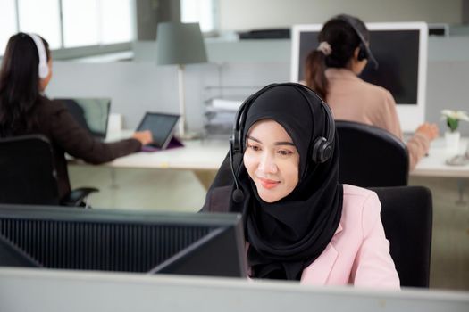 Customer service with friendly, woman call center and operator for support client, group of business team with assistance and consultant, adviser helpdesk and contact, communication concept.