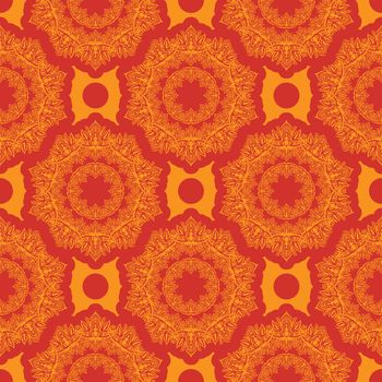 Red-orange seamless pattern with luxury, vintage, decorative ornaments. Good for clothing, textiles, backgrounds and prints. Vector illustration.