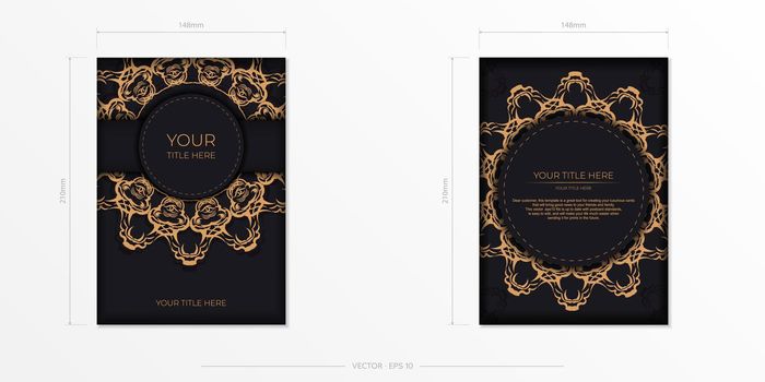 Rectangular Preparing postcards in black with luxurious gold ornaments. Vector Template for printing design invitation card with vintage patterns.