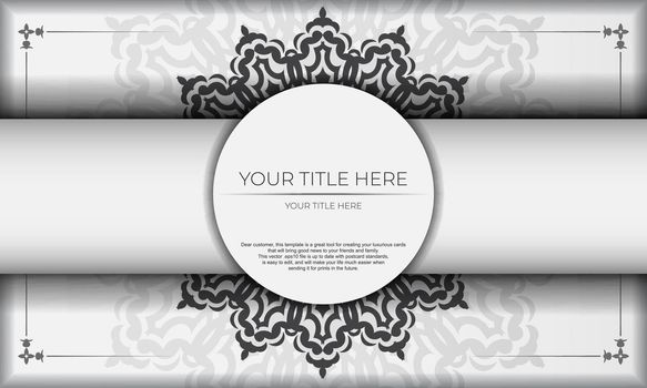 White background with black vintage ornaments and place under the text. Print-ready invitation design with mandala ornament.