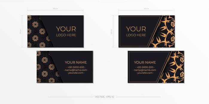 Dark color business cards with abstract patterns. Business card design with monogram ornament.