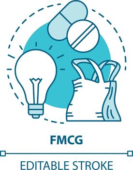 FMCG blue concept icon. Fast moving consumer goods idea thin line illustration. Low cost and quickly sold products. Market industry management. Vector isolated outline drawing. Editable stroke