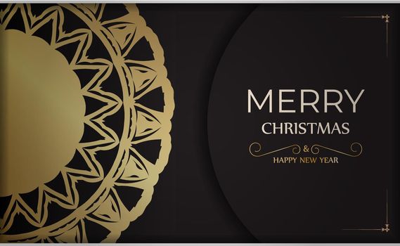 Banner Merry Christmas and Happy New Year in black with gold pattern.