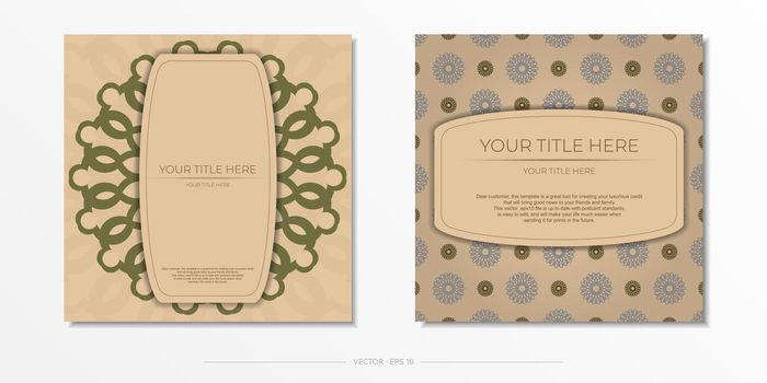 Template for print design postcard Beige colors with mandala ornament. Preparing an invitation with a place for your text and abstract patterns.
