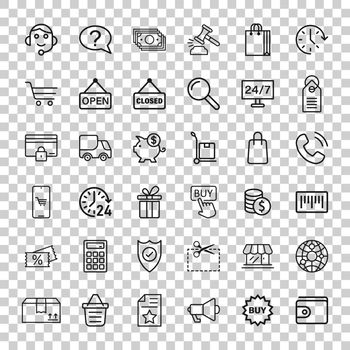 Shopping icon set in flat style. Online commerce vector illustration on white isolated background. Market store business concept.