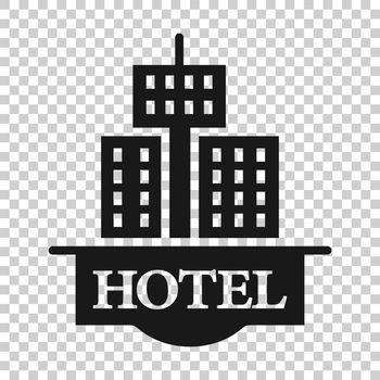 Hotel sign icon in flat style. Inn building vector illustration on white isolated background. Hostel room business concept.