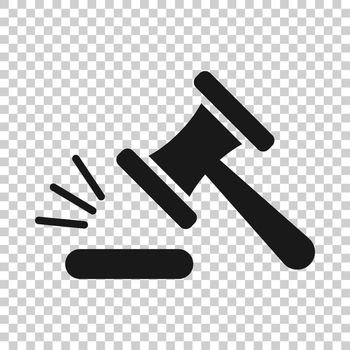 Auction hammer icon in flat style. Court sign vector illustration on white isolated background. Tribunal business concept.